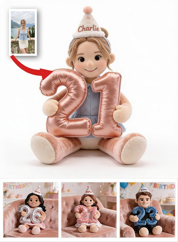 Personalisierte 21. Geburtstags-Puppe Kissen aus Kunstfell, individuelles Geschenk für sie