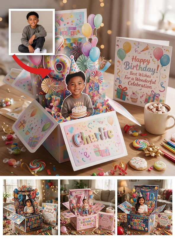 Personalized Birthday Black Little Boy Pop Up Box Card, Gift for Son Grandson Nephew