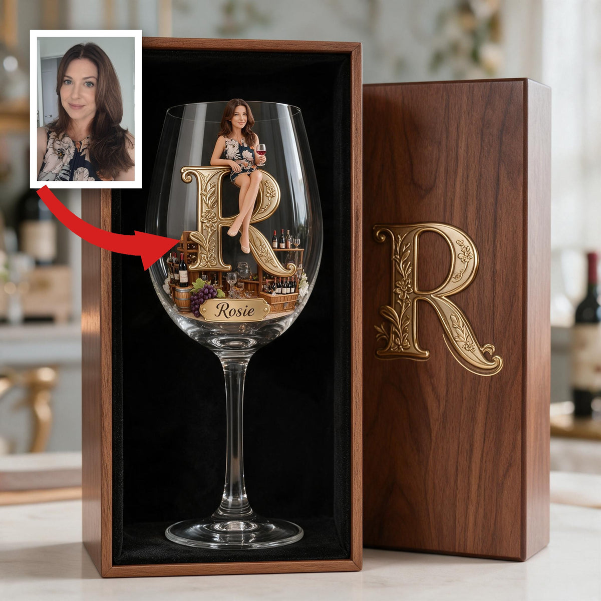 Personalized Older Woman Initial Wine Glass Set with Wooden Box Gift for Wine Lovers