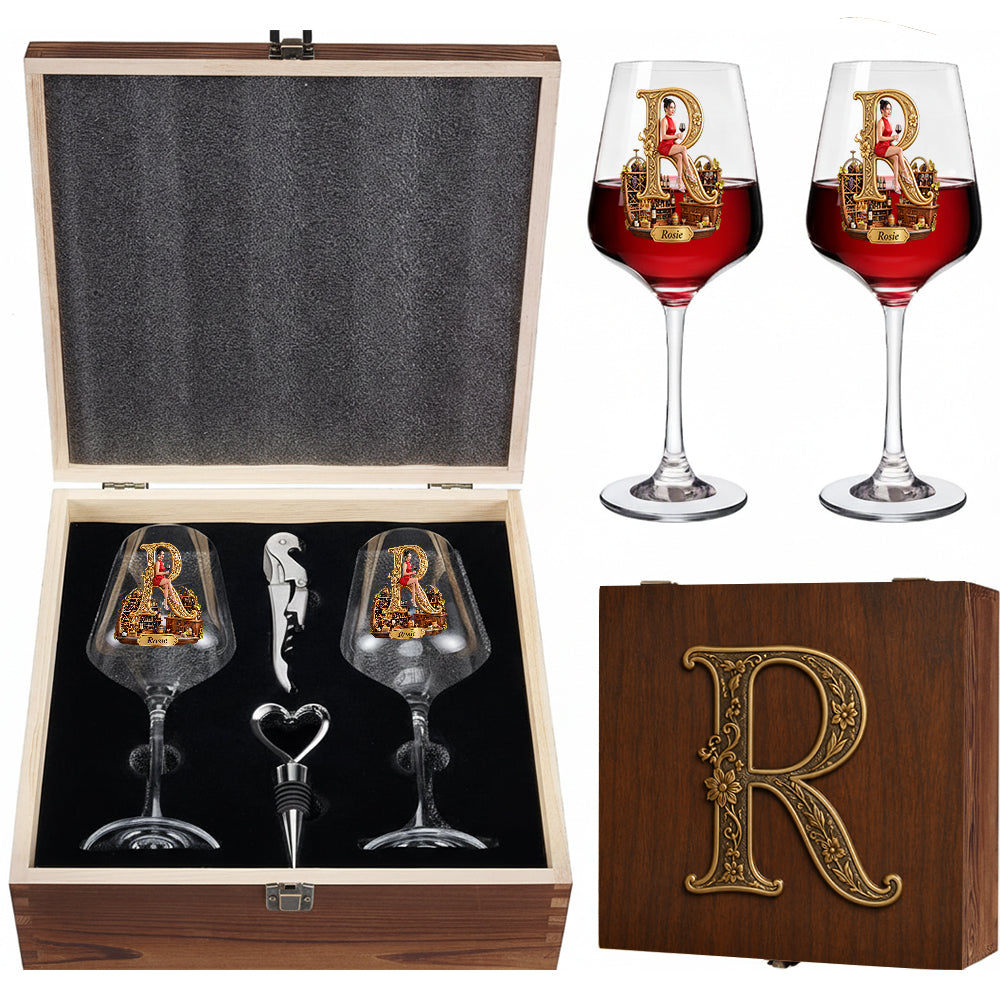 Personalized Black Woman Initial Wine Glass Set With Wooden Box, Wine Lover Gift