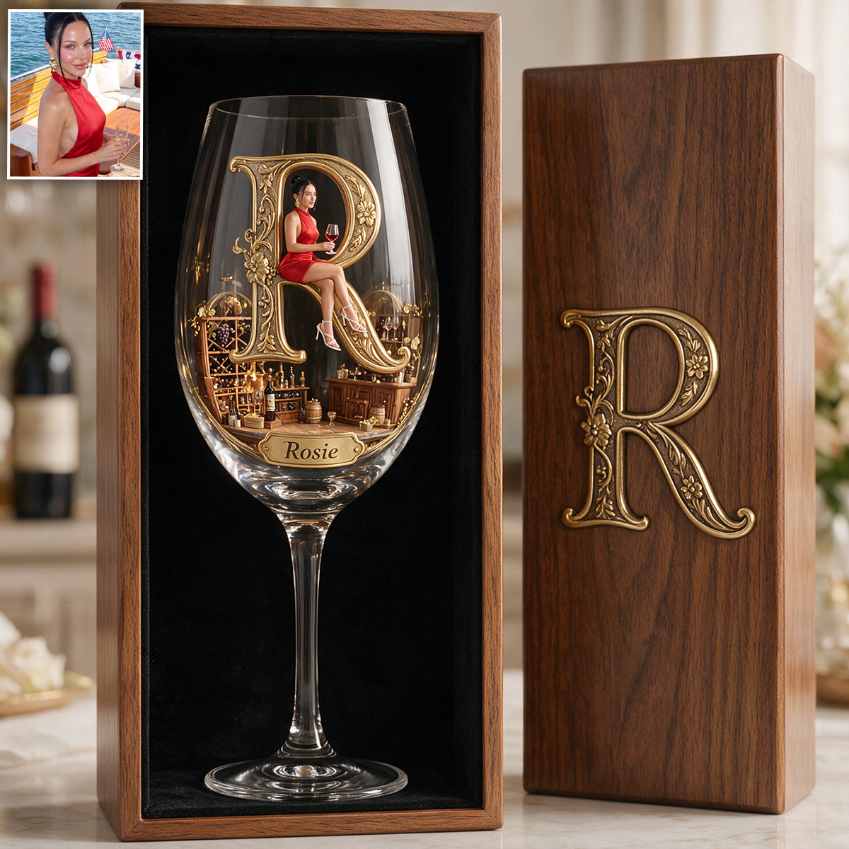 Personalized Black Woman Initial Wine Glass Set With Wooden Box, Wine Lover Gift
