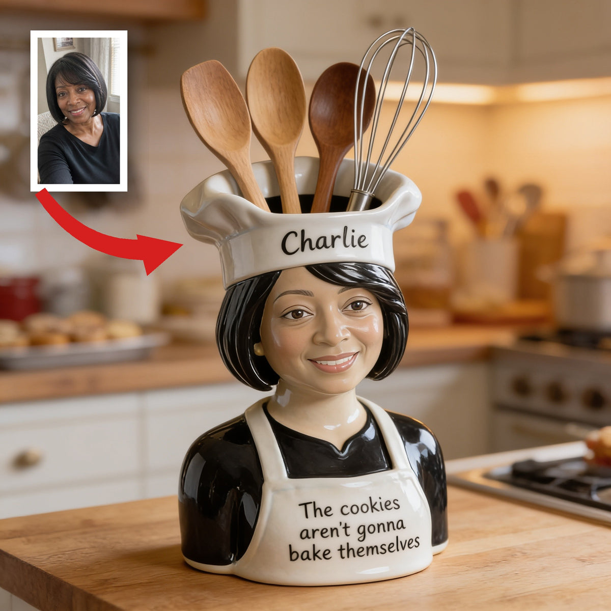 Personalized Senior Black Woman Chef Acrylic Utensil Pot Baking Gift