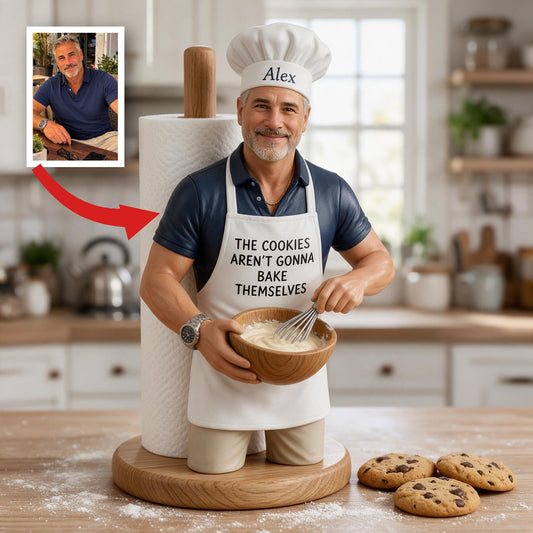 Custom Photo Older Baker Dad Paper Towel Stand, 50th Birthday Kitchen Gift