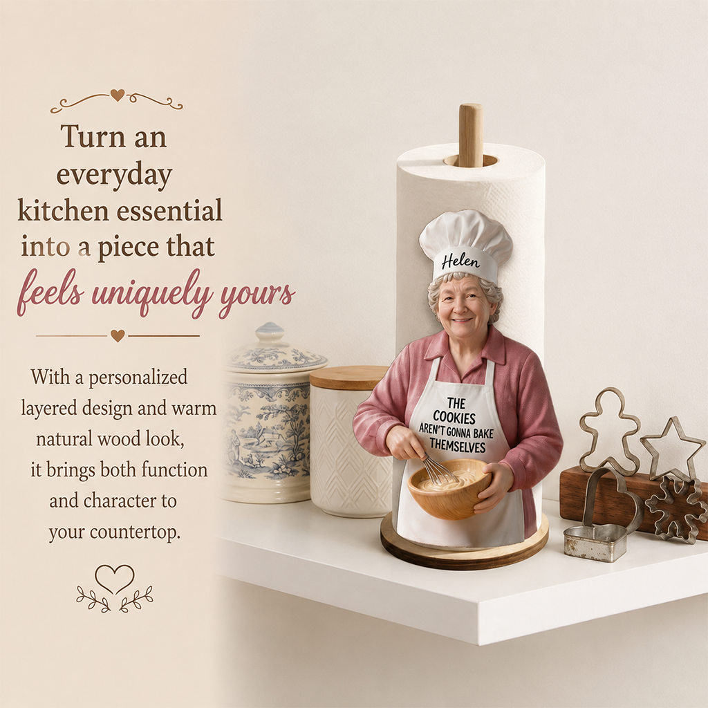 Custom Photo Older Baker Dad Paper Towel Stand, 50th Birthday Kitchen Gift