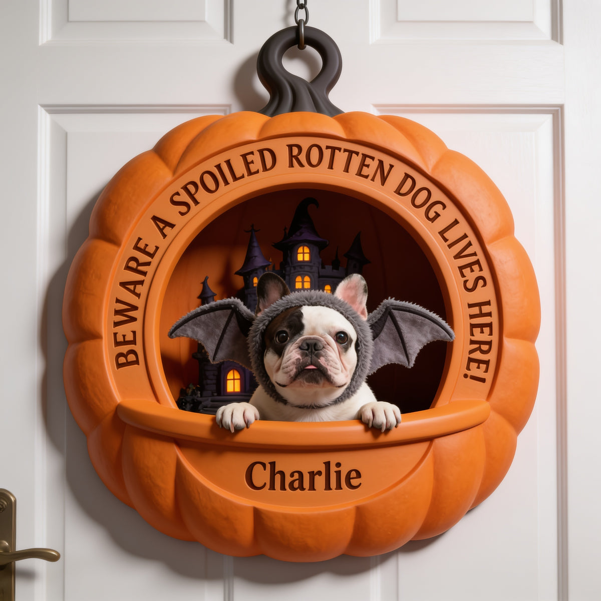 Personalized Halloween Black and White French Bulldog Custom Shaped Wood Sign