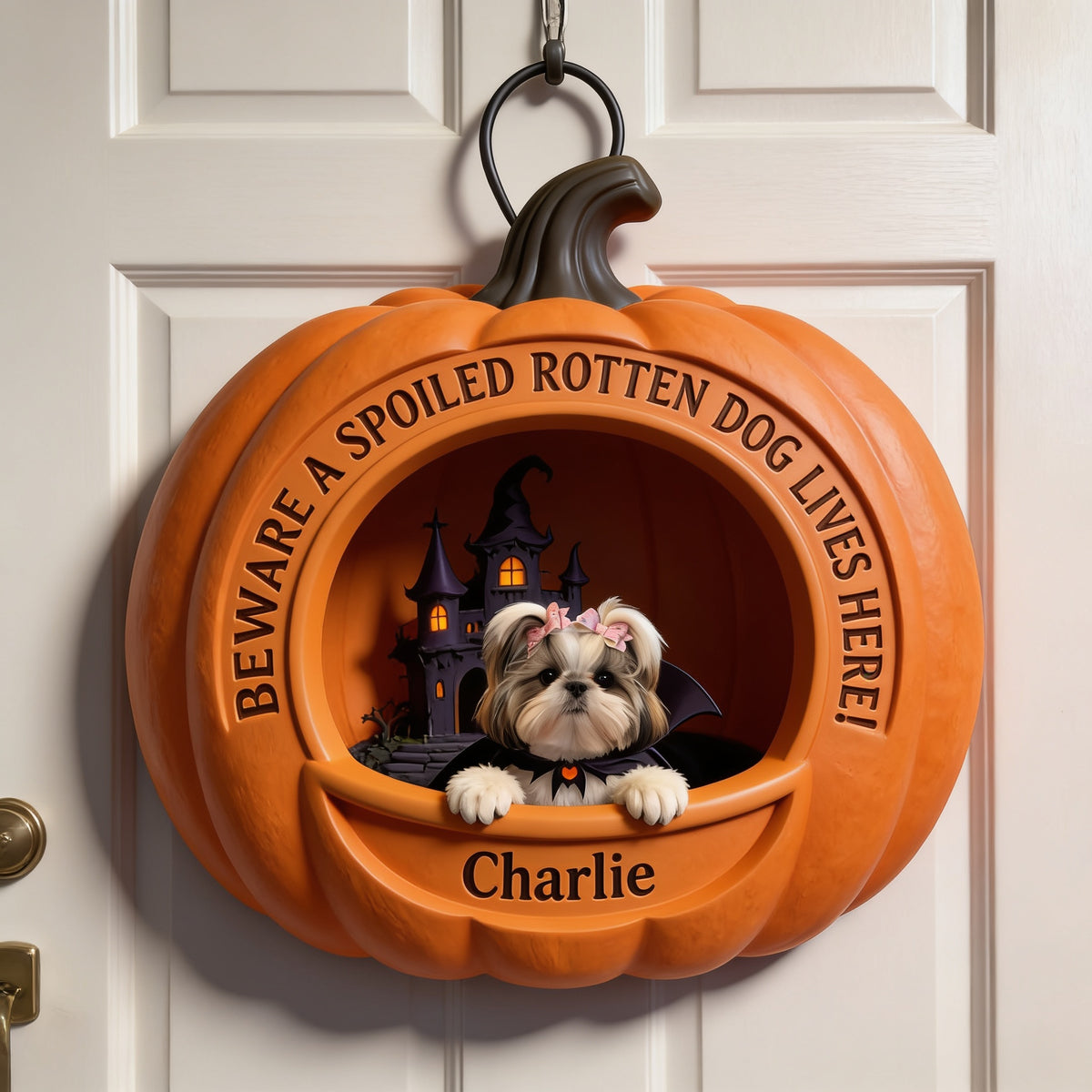 Personalisierte Halloween Shih Tzu Pink Bow Kürbis Holzschild Geschenk für Hundeliebhaber