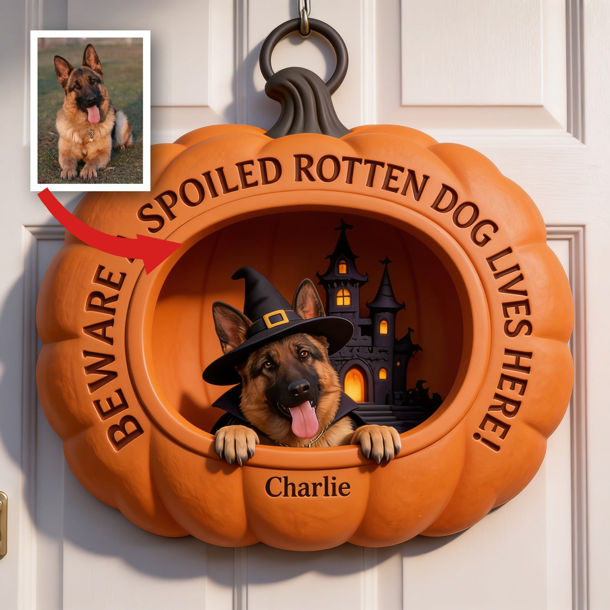 Personalisierte Halloween Deutscher Schäferhund Kürbis Holzschild Wohnkultur