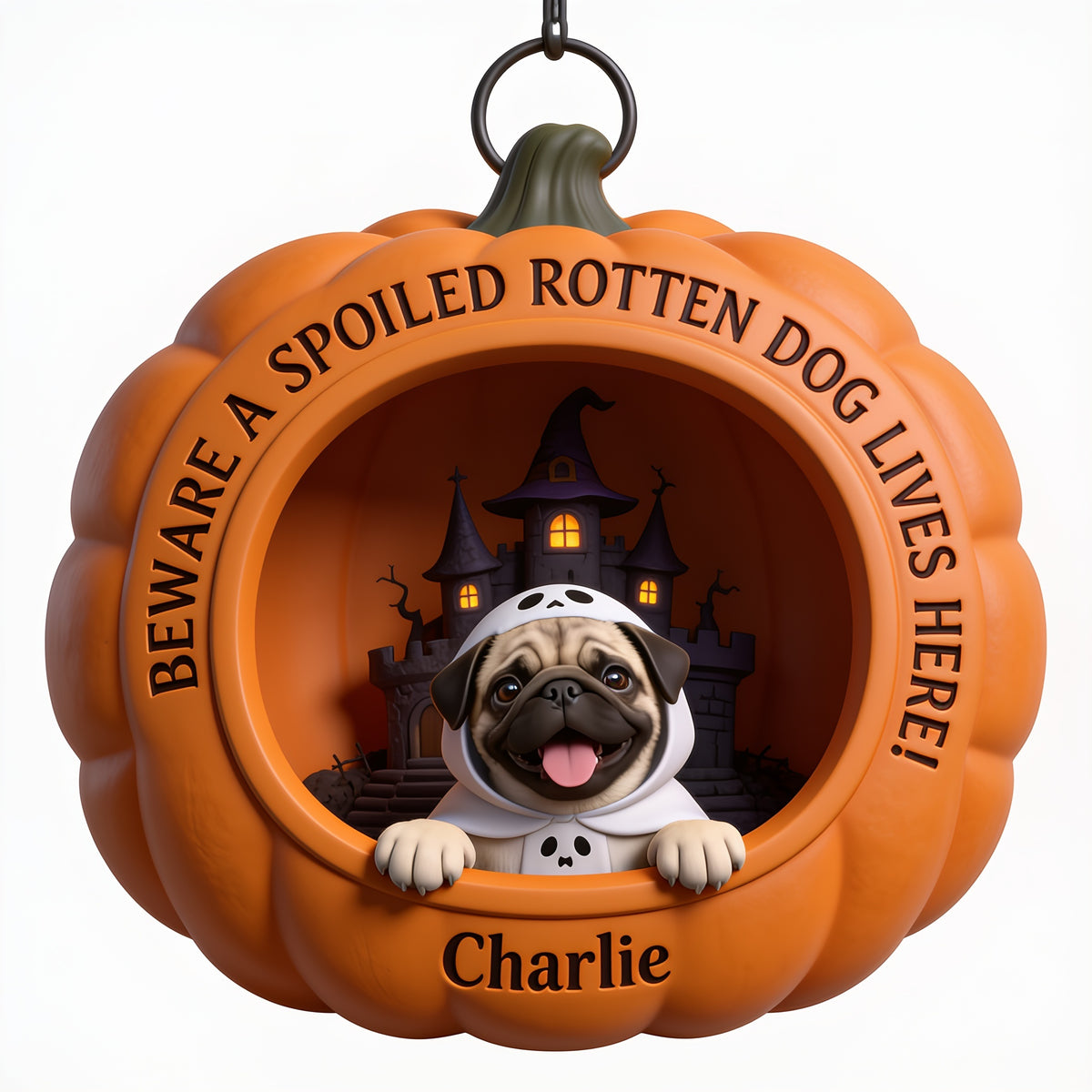 Personalized Halloween Fawn Pug Pumpkin Shaped Wood Sign Dog Lover Gift