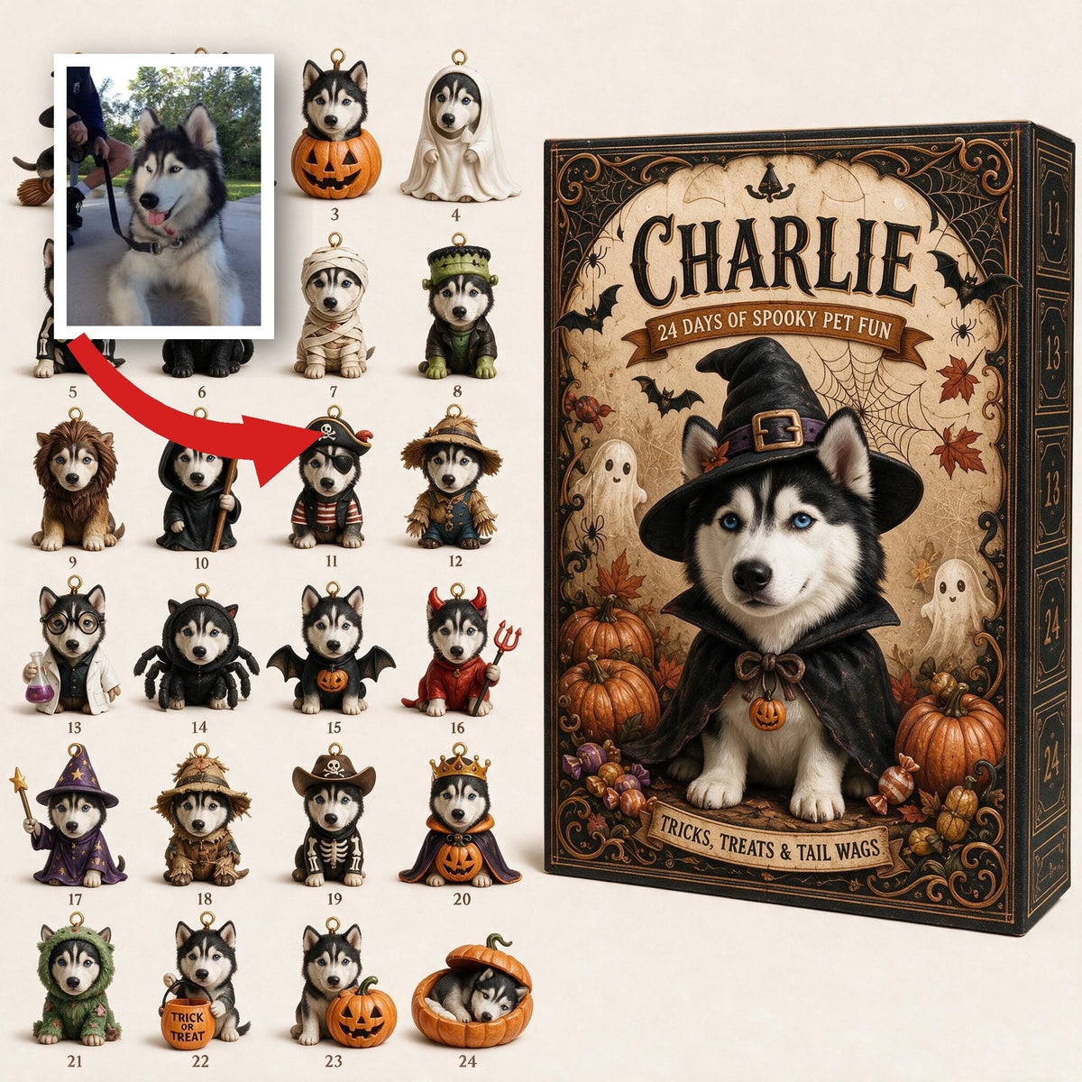 Personalized Halloween Black & White Siberian Husky Advent Calendar Ornament Set