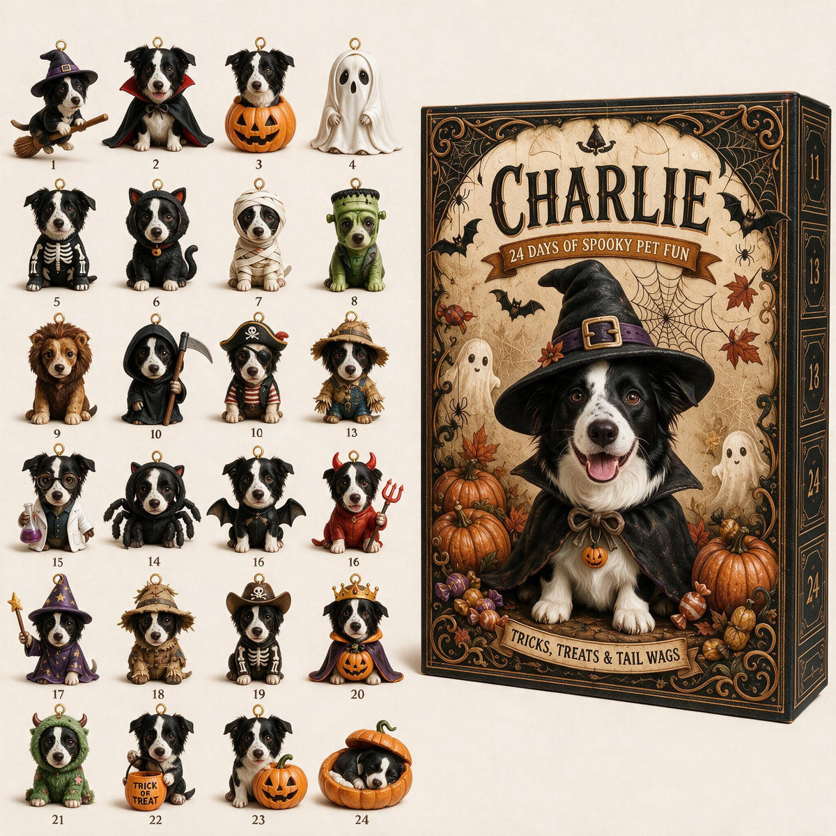 Personalized Halloween Black and White Border Collie Advent Calendar Mini Ornament Gift