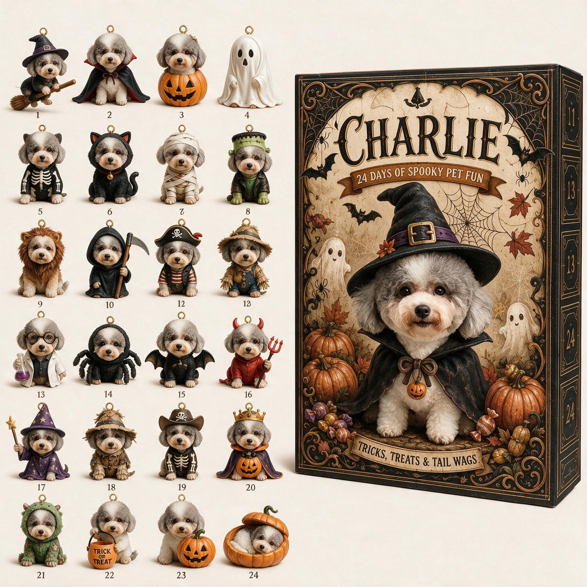 Personalisierter Halloween Pudel Adventskalender mit gruseligen Mini-Ornamenten