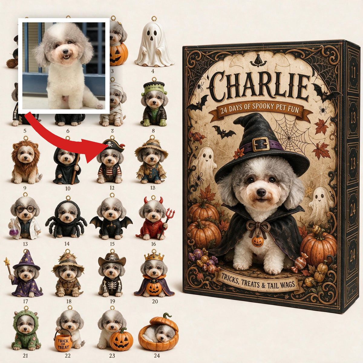 Personalisierter Halloween Pudel Adventskalender mit gruseligen Mini-Ornamenten