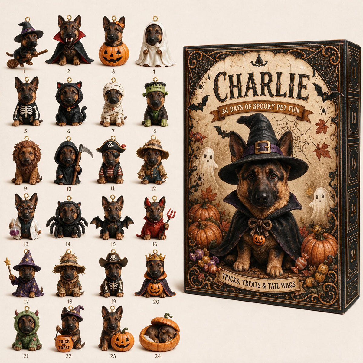 Personalized Halloween Black and Tan German Shepherd Advent Calendar with Ornaments