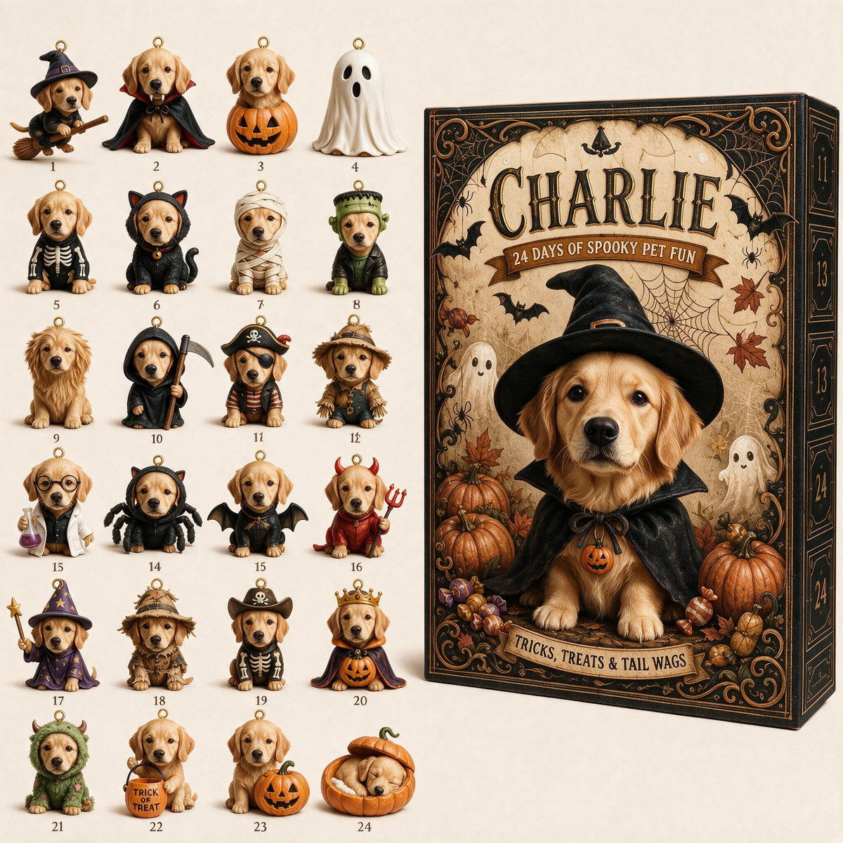 Personalisierter Halloween Golden Retriever Adventskalender mit Mini-Ornamenten