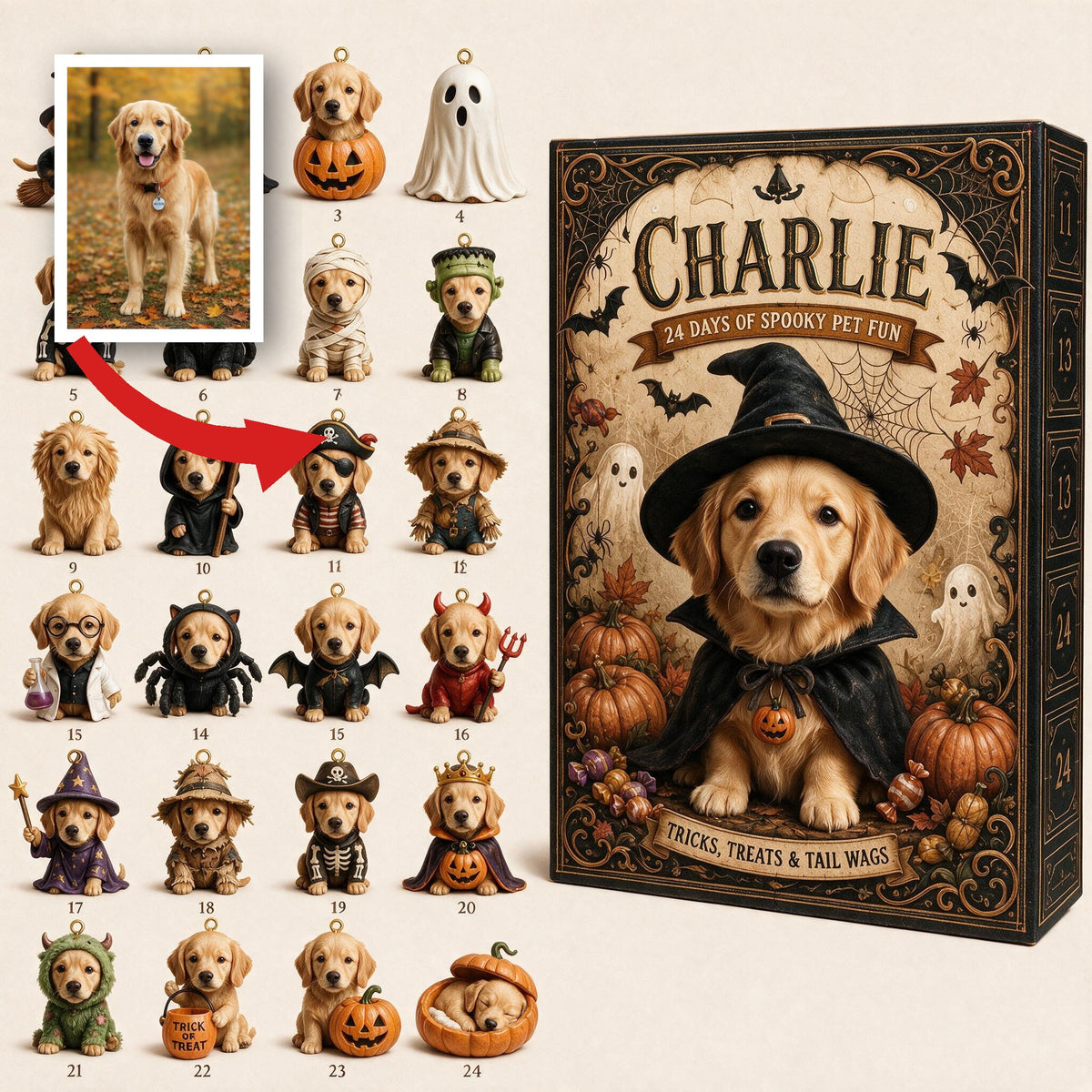 Personalisierter Halloween Golden Retriever Adventskalender mit Mini-Ornamenten