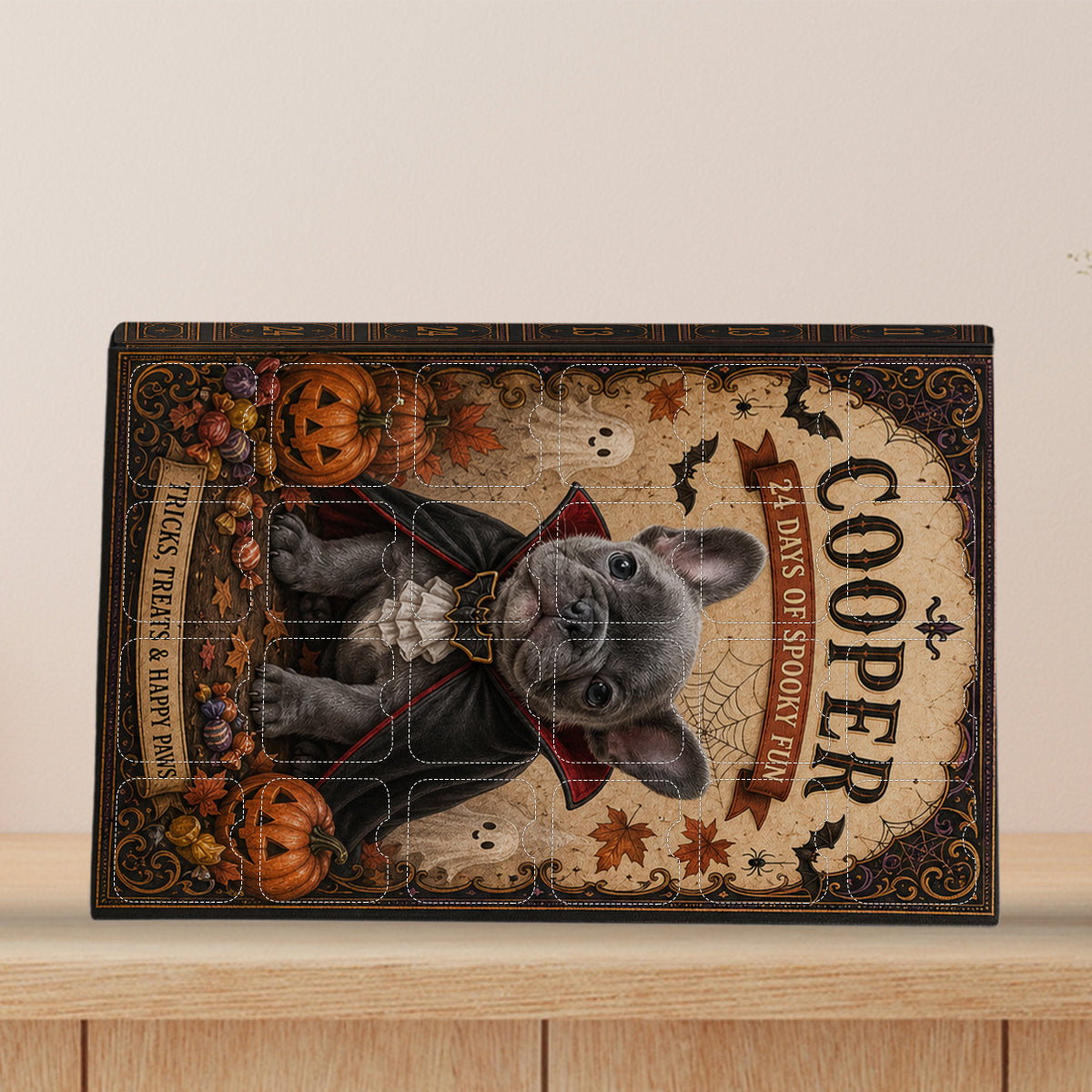 Personalized Halloween Black & White Siberian Husky Advent Calendar Ornament Set