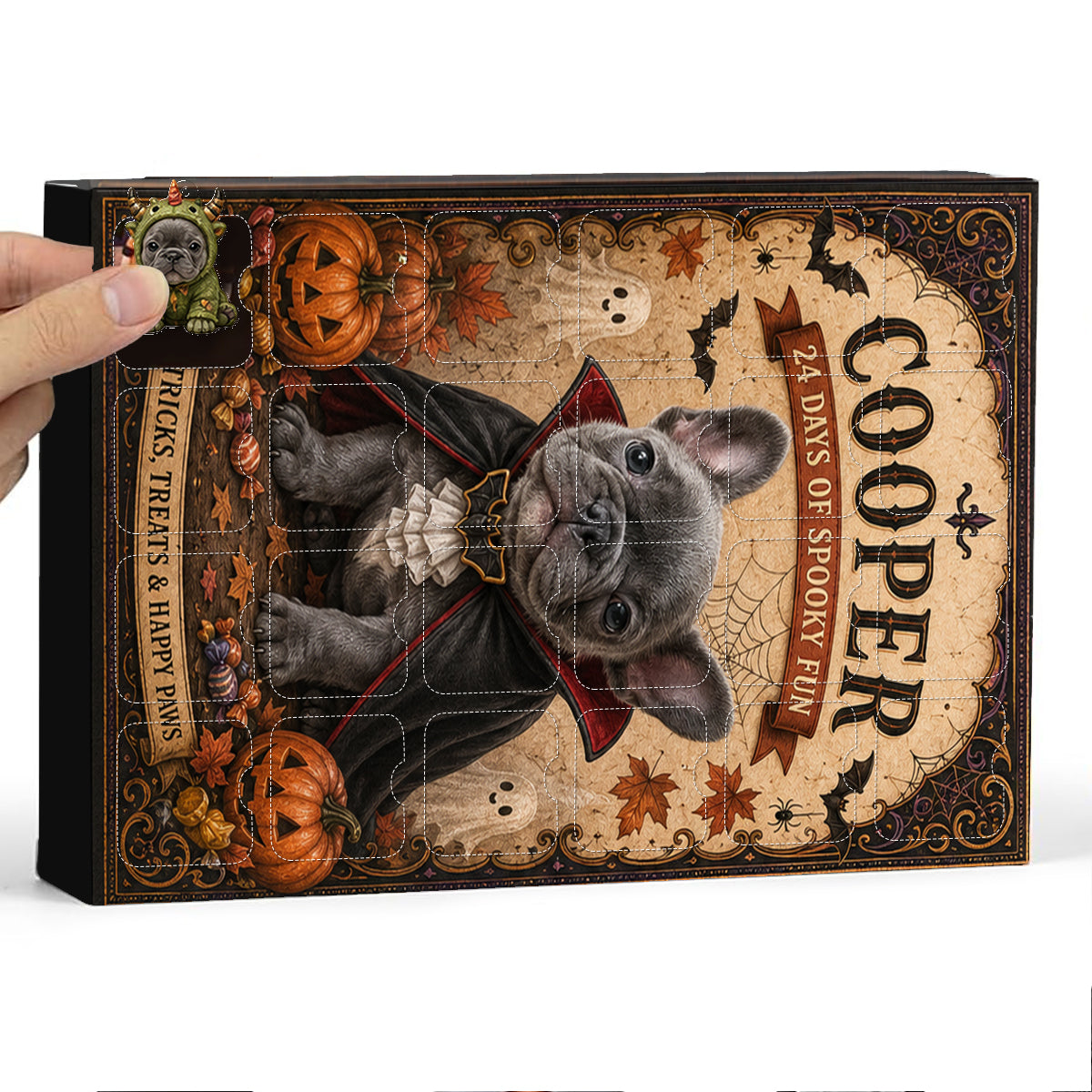 Personalisierter Halloween Pudel Adventskalender mit gruseligen Mini-Ornamenten