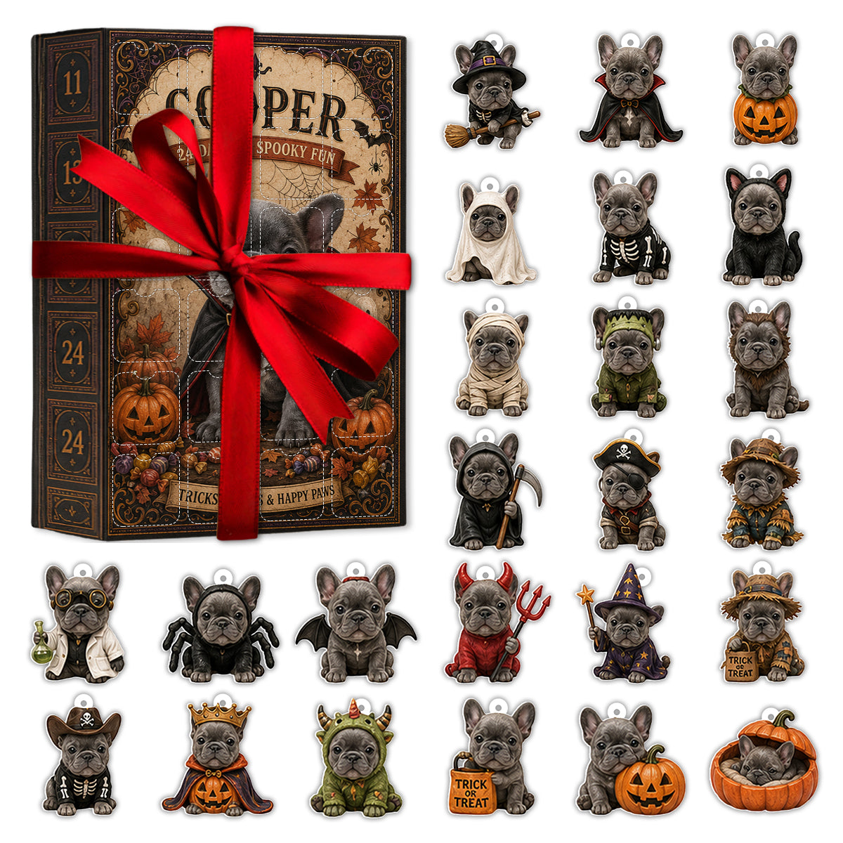 Personalisierter Halloween Pudel Adventskalender mit gruseligen Mini-Ornamenten