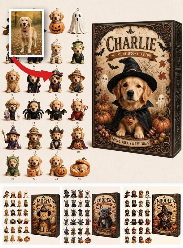 Personalisierter Halloween Golden Retriever Adventskalender mit Mini-Ornamenten
