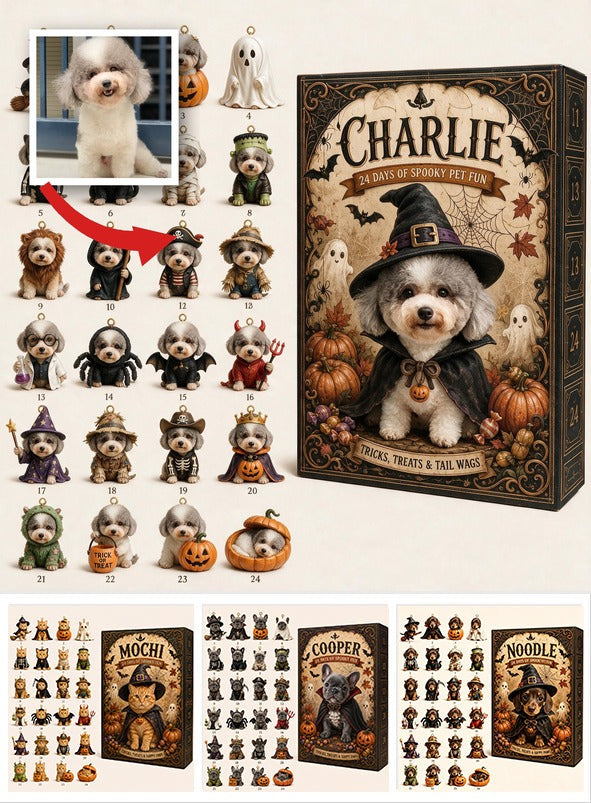 Personalisierter Halloween Pudel Adventskalender mit gruseligen Mini-Ornamenten
