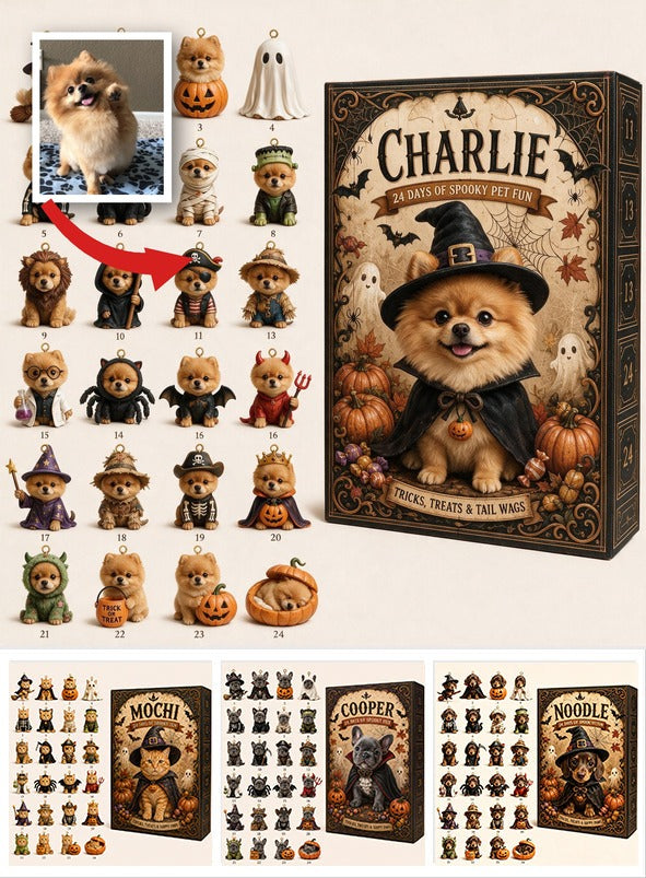 Personalized Halloween Fluffy Golden Pomeranian Advent Calendar with Mini Ornaments, Dog Lover Gift