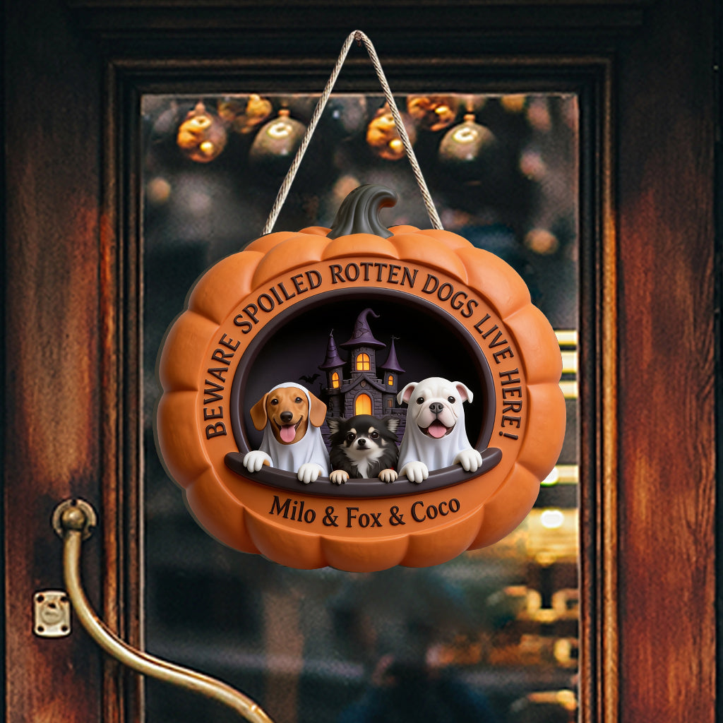 Personalized Halloween Small Fawn Chihuahua Pumpkin Shaped Wood Sign Door Decor