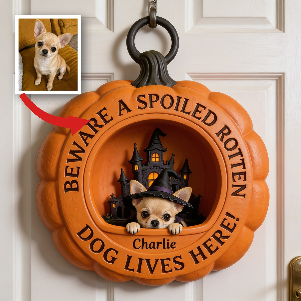 Personalized Halloween Small Fawn Chihuahua Pumpkin Shaped Wood Sign Door Decor