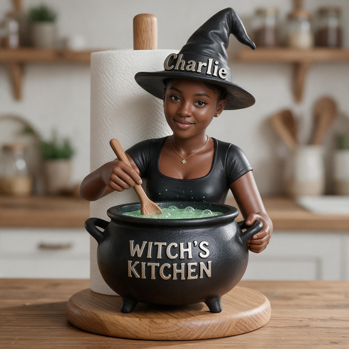 Personalized Black Woman Witch Paper Towel Stand, Witch's Kitchen Decor Gift