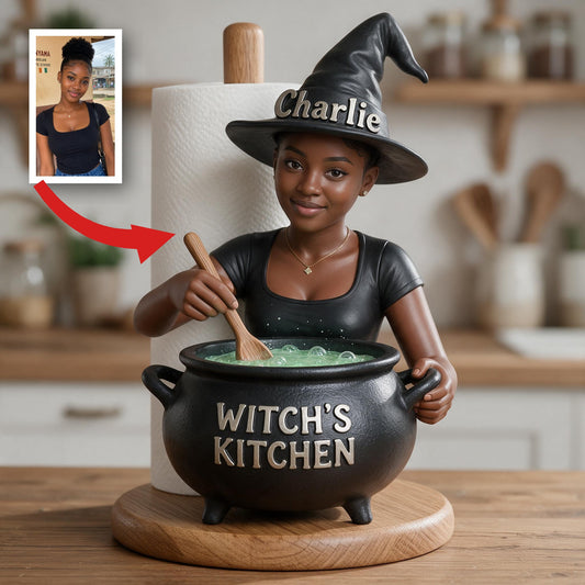 Personalized Black Woman Witch Paper Towel Stand, Witch's Kitchen Decor Gift