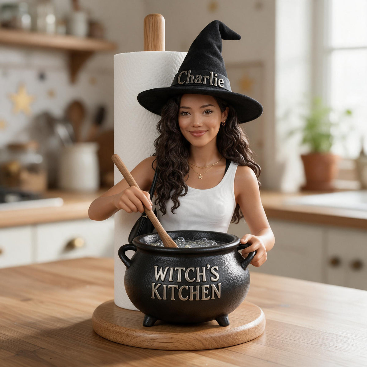 Personalized Latina Witch Kitchen Paper Towel Stand, Countertop Decor Gift