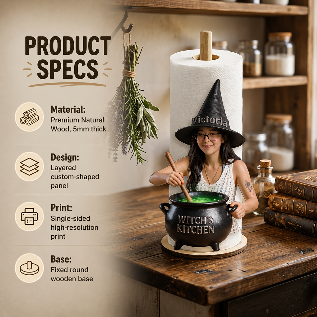 Personalized Latina Witch Kitchen Paper Towel Stand, Countertop Decor Gift