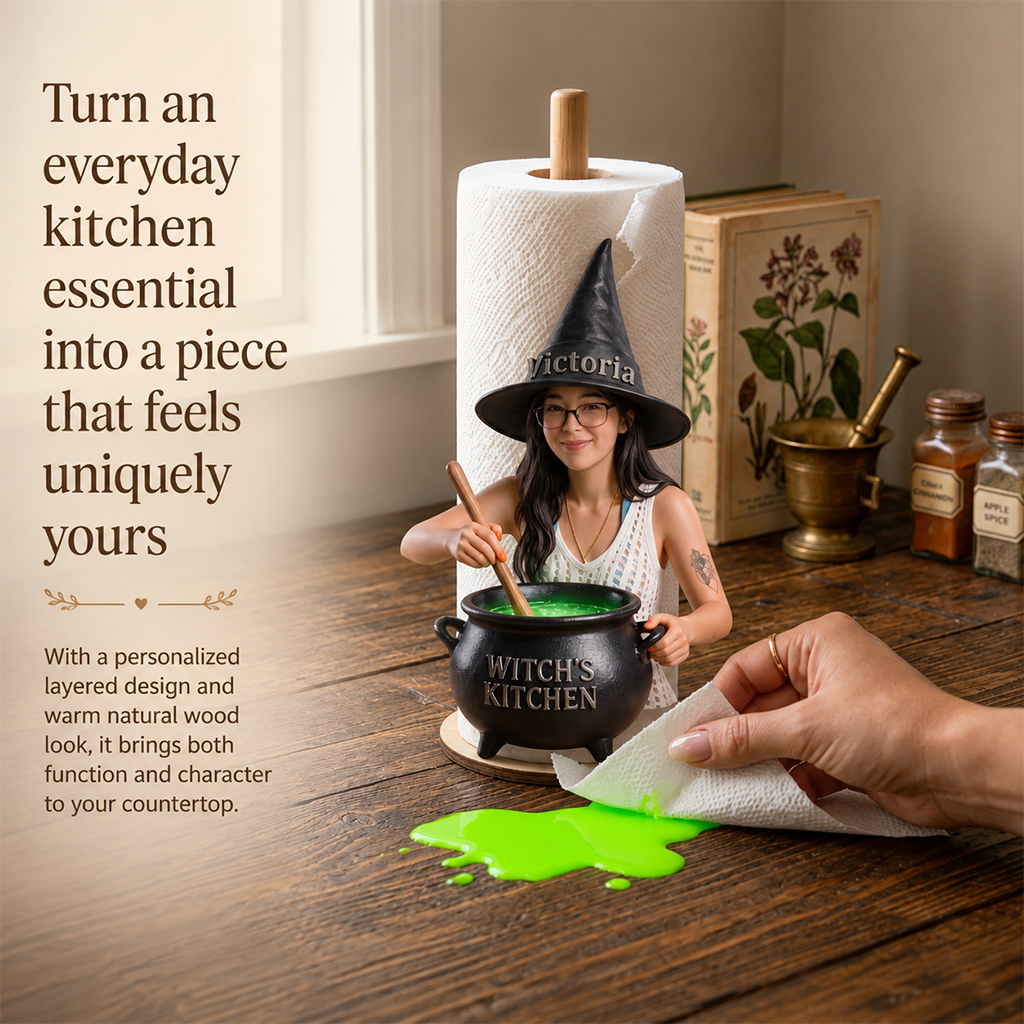 Personalized Witch Kitchen Woman Paper Towel Stand, Countertop Kitchen Decor Gift