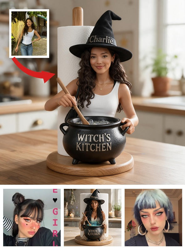 Personalized Latina Witch Kitchen Paper Towel Stand, Countertop Decor Gift