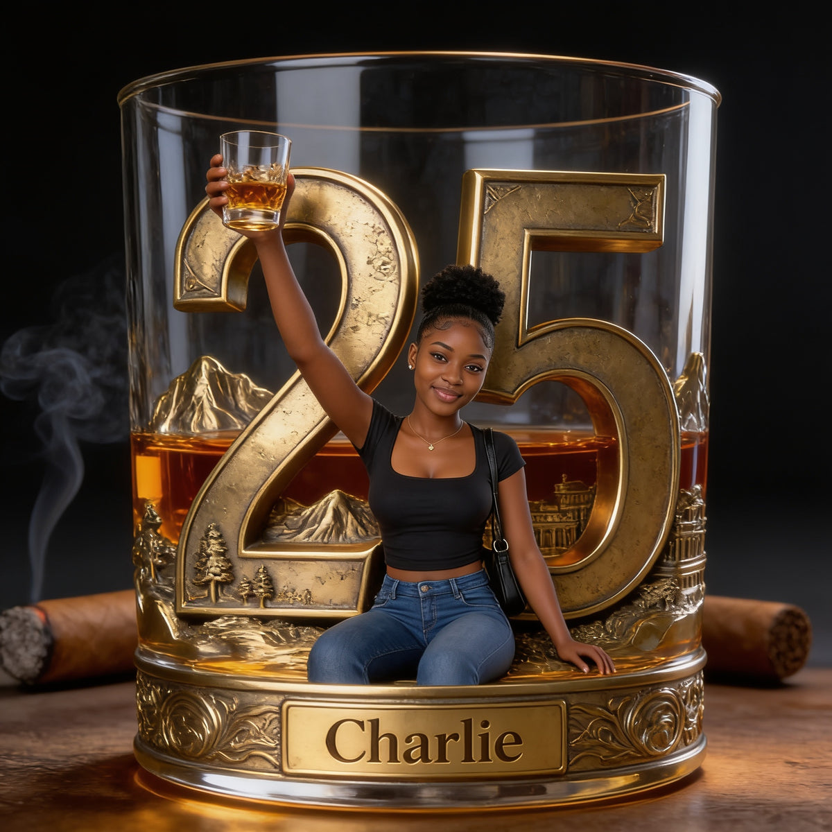 Personalized 25th Birthday Black Woman Whiskey Glass Gift For Her