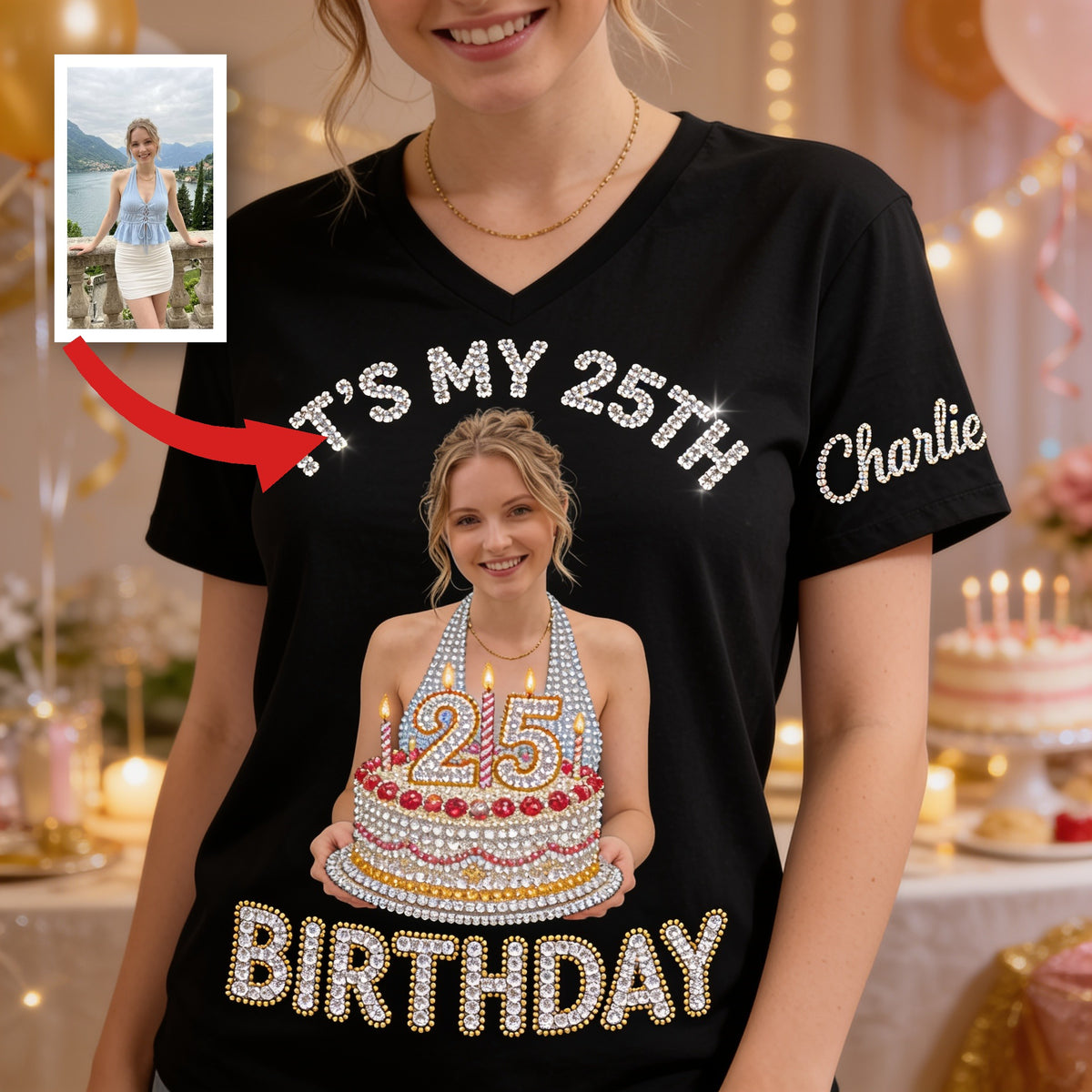Personalized 25th Birthday Woman V-Neck T-Shirt Gift For Her