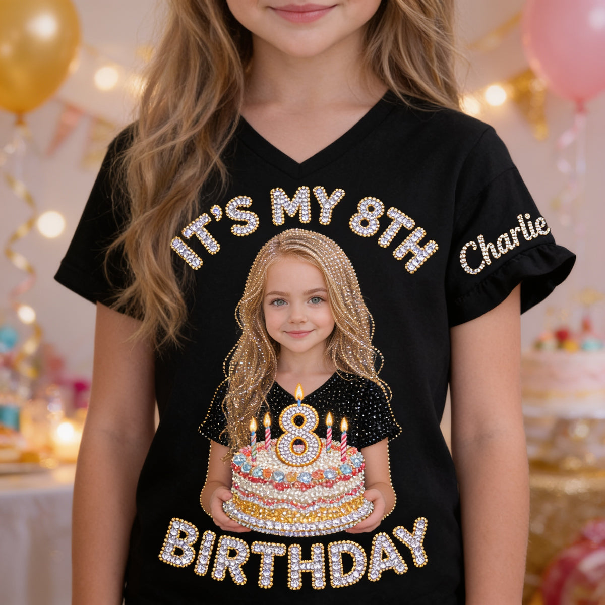 Personalisierte Geburtstags V-Ausschnitt T-Shirt für Mädchen