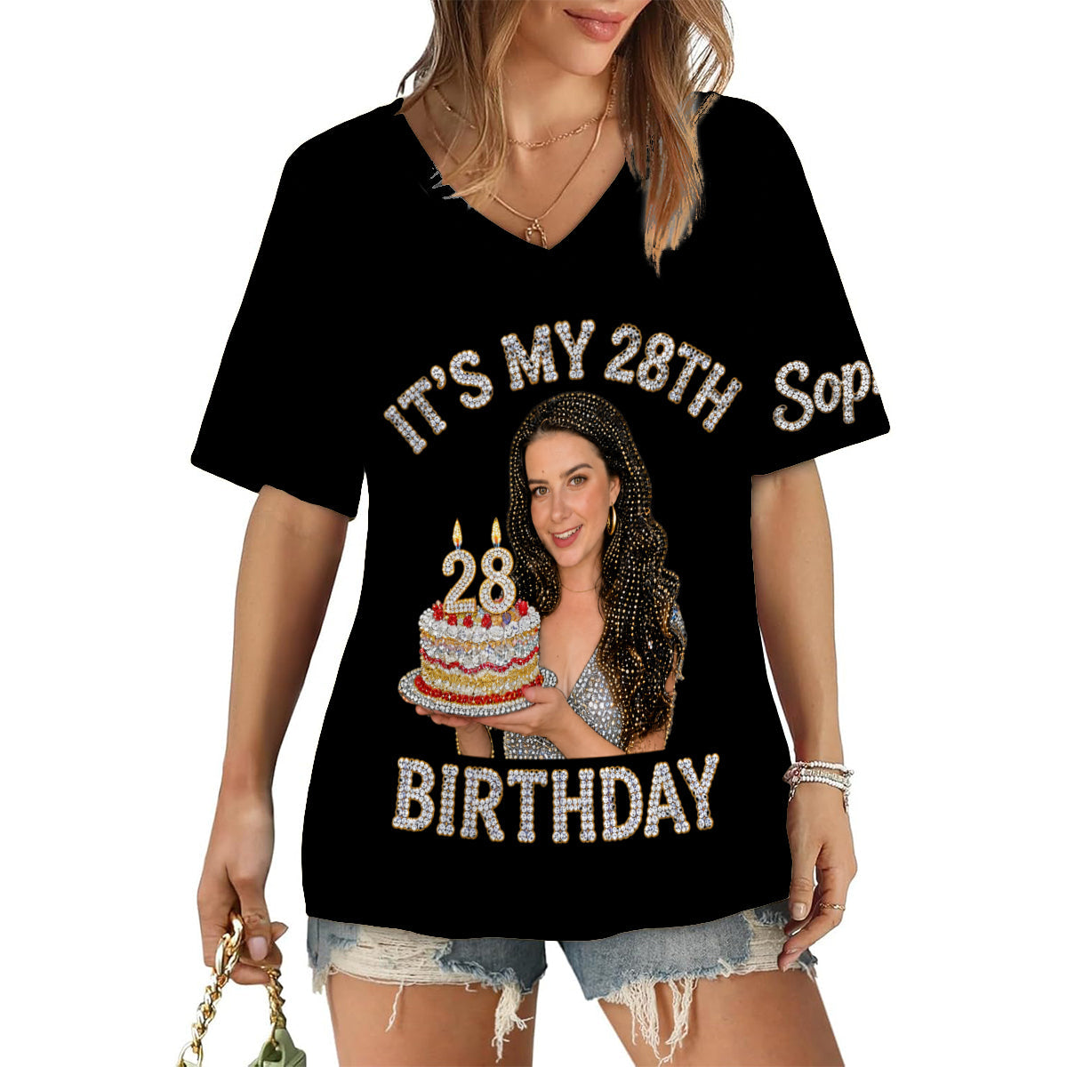 Personalized 25th Birthday Black Woman V-Neck T-Shirt Gift for Her