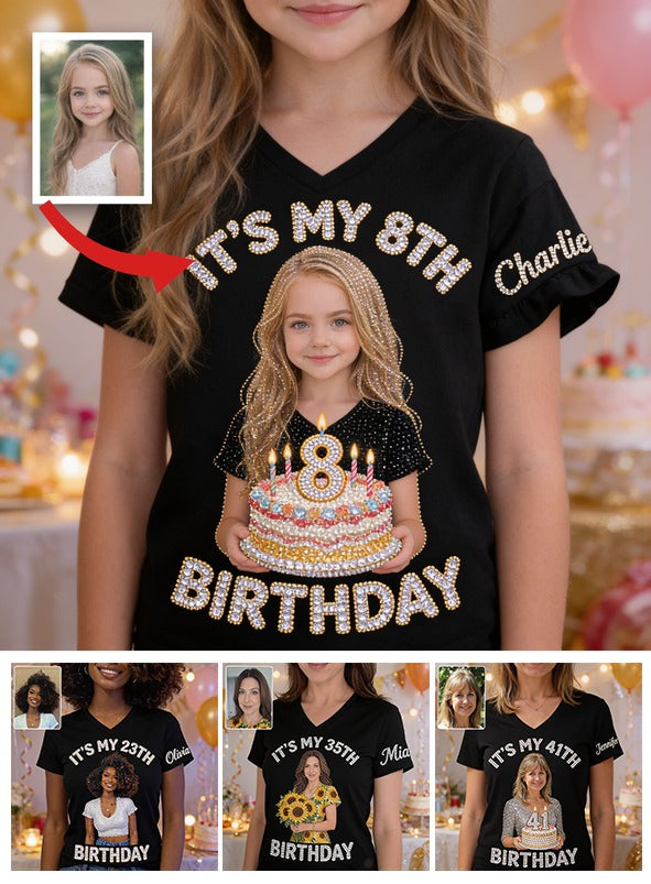 Personalisierte Geburtstags V-Ausschnitt T-Shirt für Mädchen