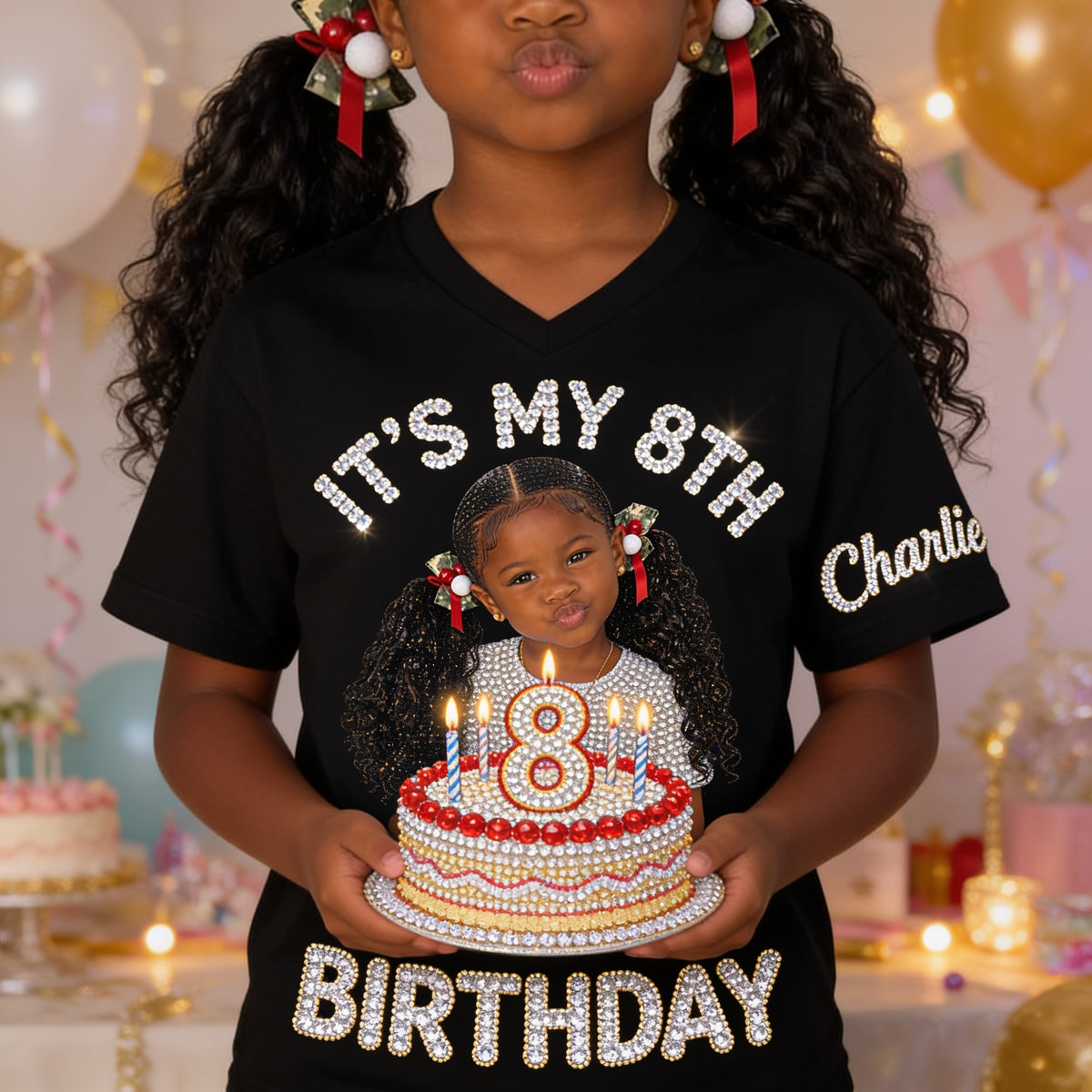 Personalized 8th Birthday Black Little Girl V-Neck T-Shirt Daughter Granddaughter Niece Gift