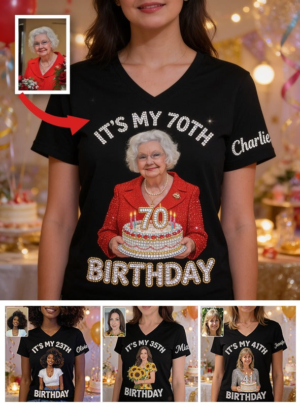 Personalized 70th Birthday Older Woman Fully Printed V-Neck T-Shirt