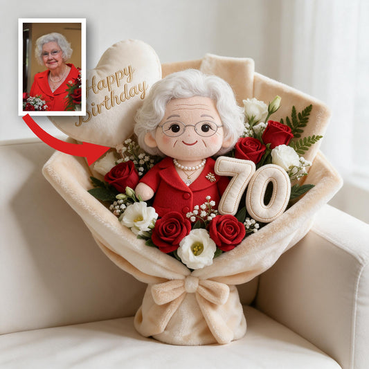 Personalized 70th Birthday Older Woman Faux Fur Bouquet Pillow Gift for Grandma Mom Wife