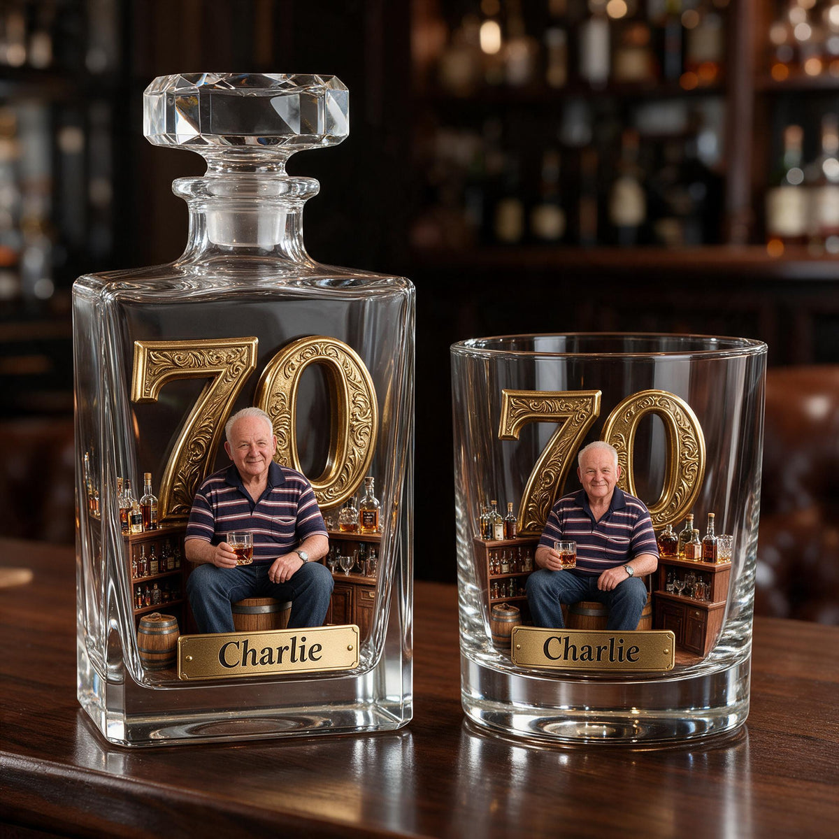 Personalized 70th Birthday Older Man Whiskey Decanter Set Gift For Dad Grandpa
