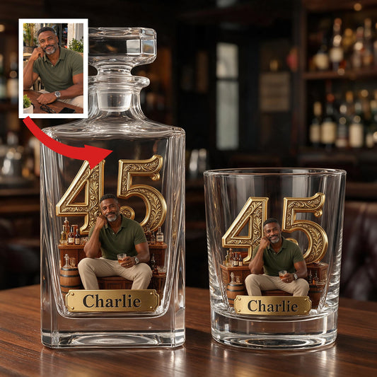 Personalized 45th Birthday Middle-Aged Black Man Whiskey Decanter Set Gift for Dad Grandpa