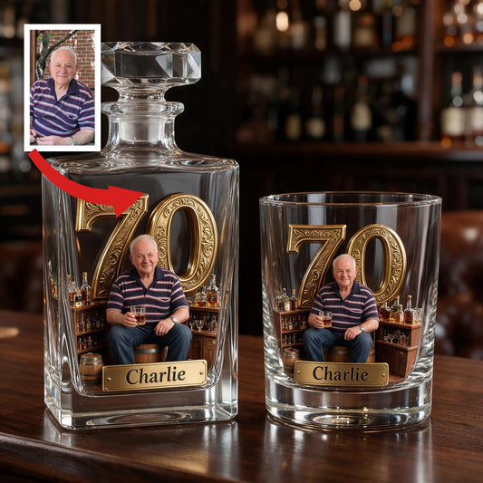 Personalized 70th Birthday Older Man Whiskey Decanter Set Gift For Dad Grandpa