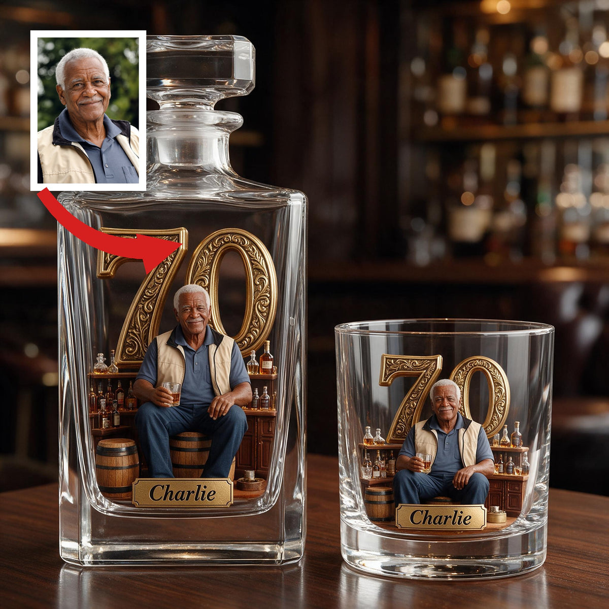 Personalized 70th Birthday Older Black Man Whiskey Decanter Set Dad Grandpa Gift