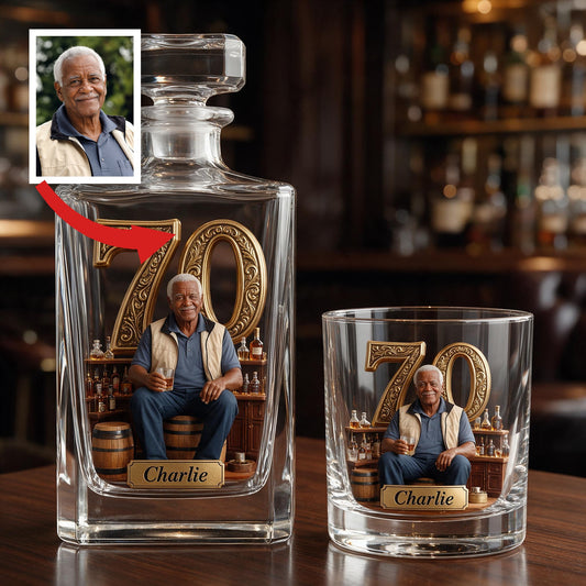 Personalized 70th Birthday Older Black Man Whiskey Decanter Set Dad Grandpa Gift