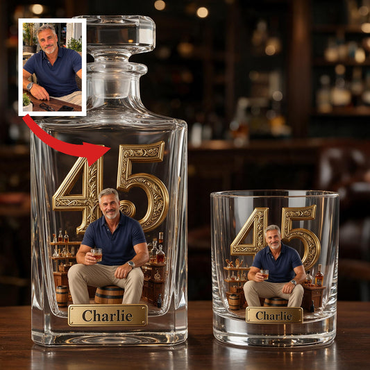 Personalized 45th Birthday Middle-Aged Man Whiskey Decanter Set Gift for Dad Husband
