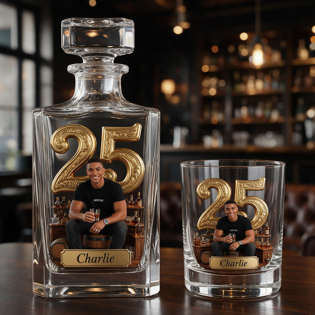 Personalized 25th Birthday Black Man Whiskey Decanter Set Gift For Him