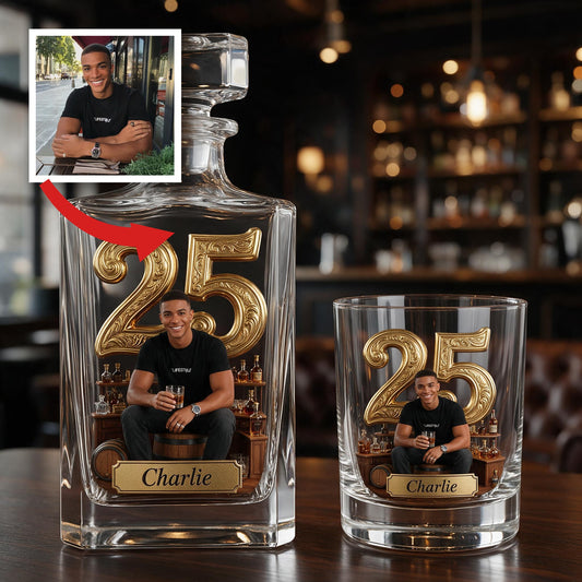 Personalized 25th Birthday Black Man Whiskey Decanter Set Gift For Him