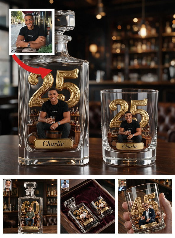 Personalized 25th Birthday Black Man Whiskey Decanter Set Gift For Him
